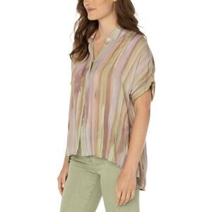 Liverpool LA Women's Size L Button Front Short Sleeve Top NWT Watercolor Green